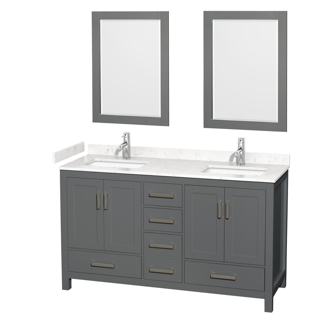 Wyndham Sheffield 60 Inch Double Bathroom Vanity in Dark Gray, Carrara Cultured Marble Countertop, Undermount Square Sinks, 24 Inch Mirrors- Wyndham