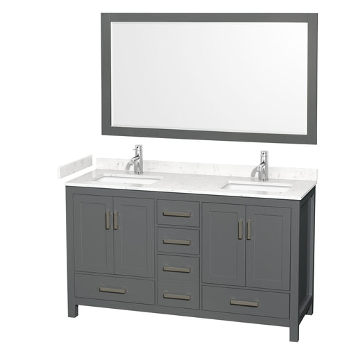 Wyndham Sheffield 60 Inch Double Bathroom Vanity in Dark Gray, Carrara Cultured Marble Countertop, Undermount Square Sinks, 58 Inch Mirror- Wyndham