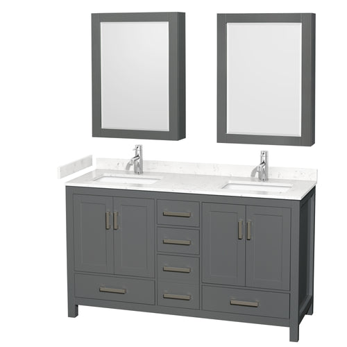 Wyndham Sheffield 60 Inch Double Bathroom Vanity in Dark Gray, Carrara Cultured Marble Countertop, Undermount Square Sinks, Medicine Cabinets- Wyndham