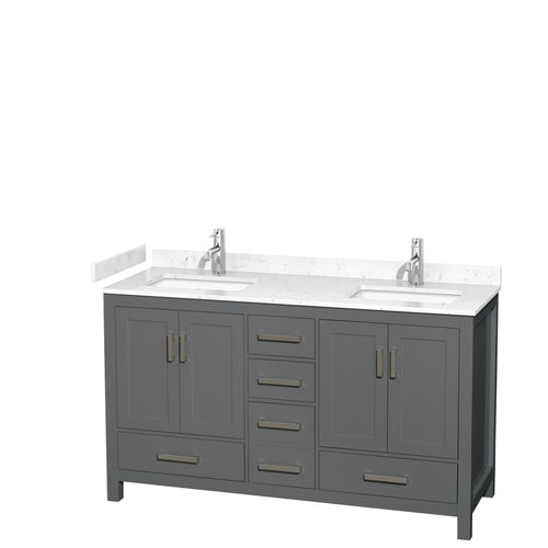 Wyndham Sheffield 60 Inch Double Bathroom Vanity in Dark Gray, Carrara Cultured Marble Countertop, Undermount Square Sinks, No Mirror- Wyndham