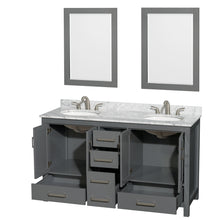 Load image into Gallery viewer, Wyndham Sheffield 60 Inch Double Bathroom Vanity in Dark Gray, White Carrara Marble Countertop, Undermount Oval Sinks, and 24 Inch Mirrors- Wyndham