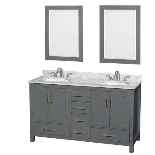 Wyndham Sheffield 60 Inch Double Bathroom Vanity in Dark Gray, White Carrara Marble Countertop, Undermount Oval Sinks, and 24 Inch Mirrors- Wyndham