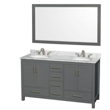 Load image into Gallery viewer, Wyndham Sheffield 60 Inch Double Bathroom Vanity in Dark Gray, White Carrara Marble Countertop, Undermount Oval Sinks, and 58 Inch Mirror- Wyndham