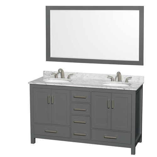 Wyndham Sheffield 60 Inch Double Bathroom Vanity in Dark Gray, White Carrara Marble Countertop, Undermount Oval Sinks, and 58 Inch Mirror- Wyndham