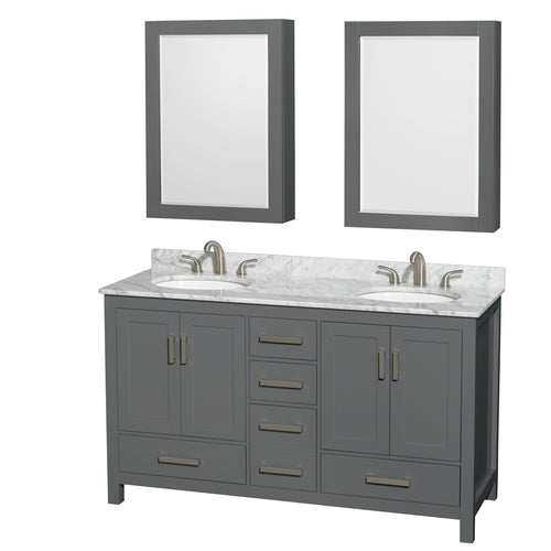 Wyndham Sheffield 60 Inch Double Bathroom Vanity in Dark Gray, White Carrara Marble Countertop, Undermount Oval Sinks, and Medicine Cabinets- Wyndham