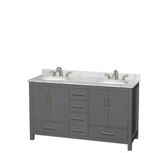 Load image into Gallery viewer, Wyndham Sheffield 60 Inch Double Bathroom Vanity in Dark Gray, White Carrara Marble Countertop, Undermount Oval Sinks, and No Mirror- Wyndham
