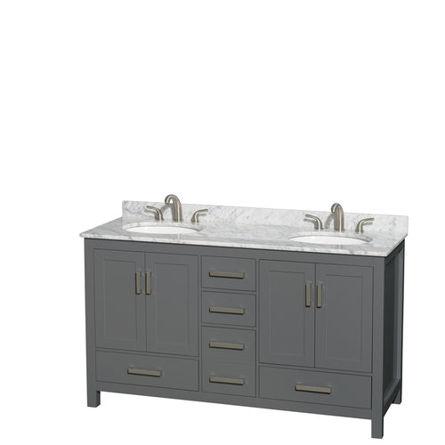 Wyndham Sheffield 60 Inch Double Bathroom Vanity in Dark Gray, White Carrara Marble Countertop, Undermount Oval Sinks, and No Mirror- Wyndham