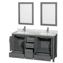 Load image into Gallery viewer, Wyndham Sheffield 60 Inch Double Bathroom Vanity in Dark Gray, White Carrara Marble Countertop, Undermount Square Sinks, and 24 Inch Mirrors- Wyndham
