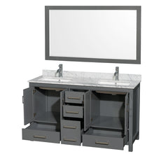 Load image into Gallery viewer, Wyndham Sheffield 60 Inch Double Bathroom Vanity in Dark Gray, White Carrara Marble Countertop, Undermount Square Sinks, and 58 Inch Mirror- Wyndham
