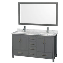 Load image into Gallery viewer, Wyndham Sheffield 60 Inch Double Bathroom Vanity in Dark Gray, White Carrara Marble Countertop, Undermount Square Sinks, and 58 Inch Mirror- Wyndham