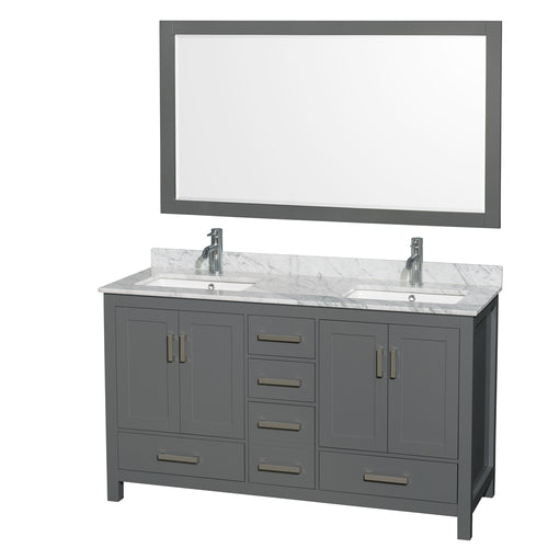 Wyndham Sheffield 60 Inch Double Bathroom Vanity in Dark Gray, White Carrara Marble Countertop, Undermount Square Sinks, and 58 Inch Mirror- Wyndham