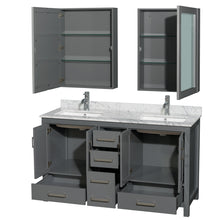 Load image into Gallery viewer, Wyndham Sheffield 60 Inch Double Bathroom Vanity in Dark Gray, White Carrara Marble Countertop, Undermount Square Sinks, and Medicine Cabinets- Wyndham