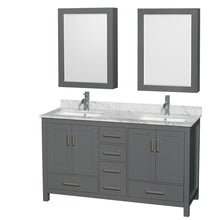 Load image into Gallery viewer, Wyndham Sheffield 60 Inch Double Bathroom Vanity in Dark Gray, White Carrara Marble Countertop, Undermount Square Sinks, and Medicine Cabinets- Wyndham