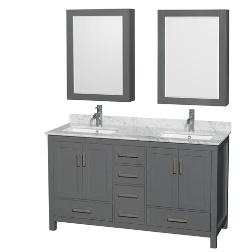 Wyndham Sheffield 60 Inch Double Bathroom Vanity in Dark Gray, White Carrara Marble Countertop, Undermount Square Sinks, and Medicine Cabinets- Wyndham
