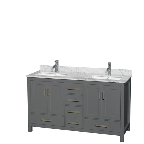Wyndham Sheffield 60 Inch Double Bathroom Vanity in Dark Gray, White Carrara Marble Countertop, Undermount Square Sinks, and No Mirror- Wyndham