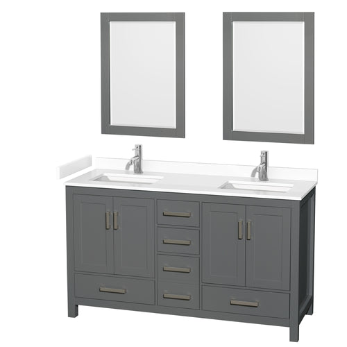 Wyndham Sheffield 60 Inch Double Bathroom Vanity in Dark Gray, White Cultured Marble Countertop, Undermount Square Sinks, 24 Inch Mirrors- Wyndham