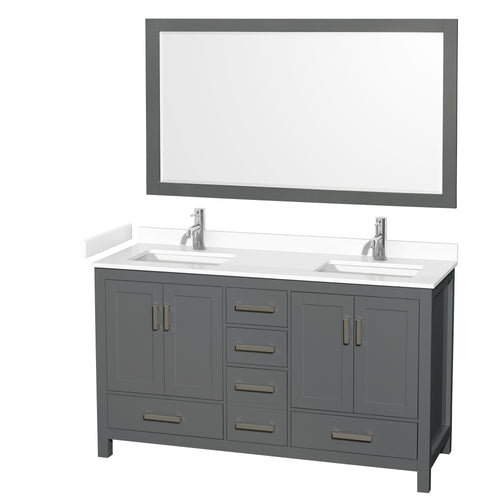 Wyndham Sheffield 60 Inch Double Bathroom Vanity in Dark Gray, White Cultured Marble Countertop, Undermount Square Sinks, 58 Inch Mirror- Wyndham