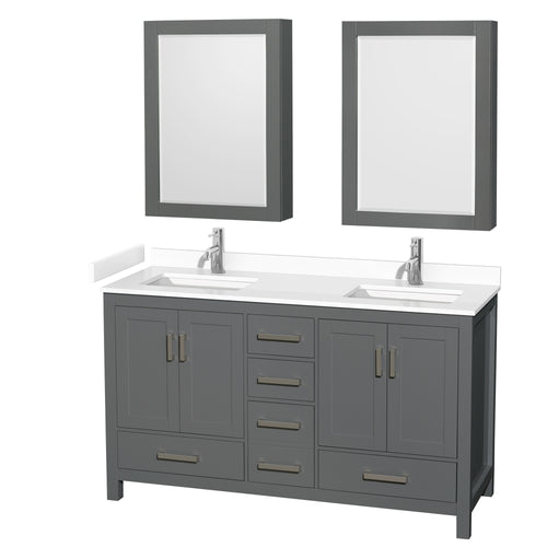 Wyndham Sheffield 60 Inch Double Bathroom Vanity in Dark Gray, White Cultured Marble Countertop, Undermount Square Sinks, Medicine Cabinets- Wyndham