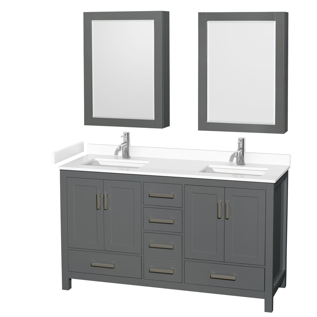 Wyndham Sheffield 60 Inch Double Bathroom Vanity in Dark Gray, White Cultured Marble Countertop, Undermount Square Sinks, Medicine Cabinets- Wyndham