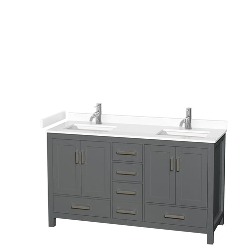 Wyndham Sheffield 60 Inch Double Bathroom Vanity in Dark Gray, White Cultured Marble Countertop, Undermount Square Sinks, No Mirror- Wyndham