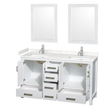 Load image into Gallery viewer, Wyndham Sheffield 60 Inch Double Bathroom Vanity in White, Carrara Cultured Marble Countertop, Undermount Square Sinks, 24 Inch Mirrors- Wyndham