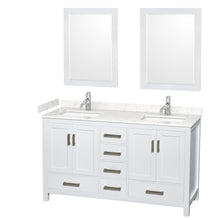 Load image into Gallery viewer, Wyndham Sheffield 60 Inch Double Bathroom Vanity in White, Carrara Cultured Marble Countertop, Undermount Square Sinks, 24 Inch Mirrors- Wyndham