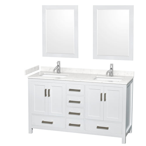 Wyndham Sheffield 60 Inch Double Bathroom Vanity in White, Carrara Cultured Marble Countertop, Undermount Square Sinks, 24 Inch Mirrors- Wyndham