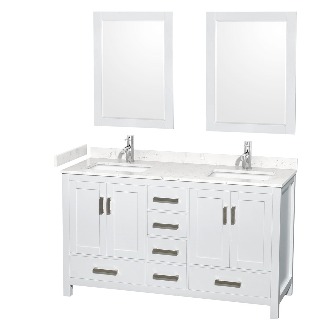 Wyndham Sheffield 60 Inch Double Bathroom Vanity in White, Carrara Cultured Marble Countertop, Undermount Square Sinks, 24 Inch Mirrors- Wyndham