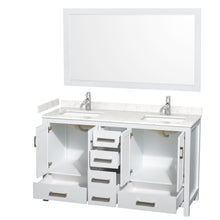 Load image into Gallery viewer, Wyndham Sheffield 60 Inch Double Bathroom Vanity in White, Carrara Cultured Marble Countertop, Undermount Square Sinks, 58 Inch Mirror- Wyndham