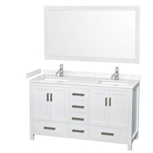 Load image into Gallery viewer, Wyndham Sheffield 60 Inch Double Bathroom Vanity in White, Carrara Cultured Marble Countertop, Undermount Square Sinks, 58 Inch Mirror- Wyndham