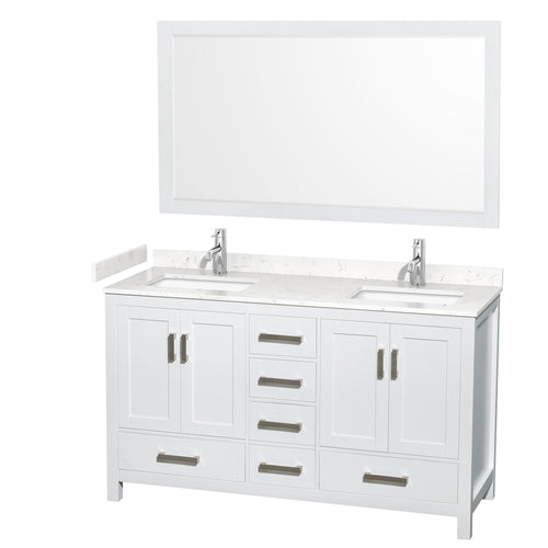 Wyndham Sheffield 60 Inch Double Bathroom Vanity in White, Carrara Cultured Marble Countertop, Undermount Square Sinks, 58 Inch Mirror- Wyndham