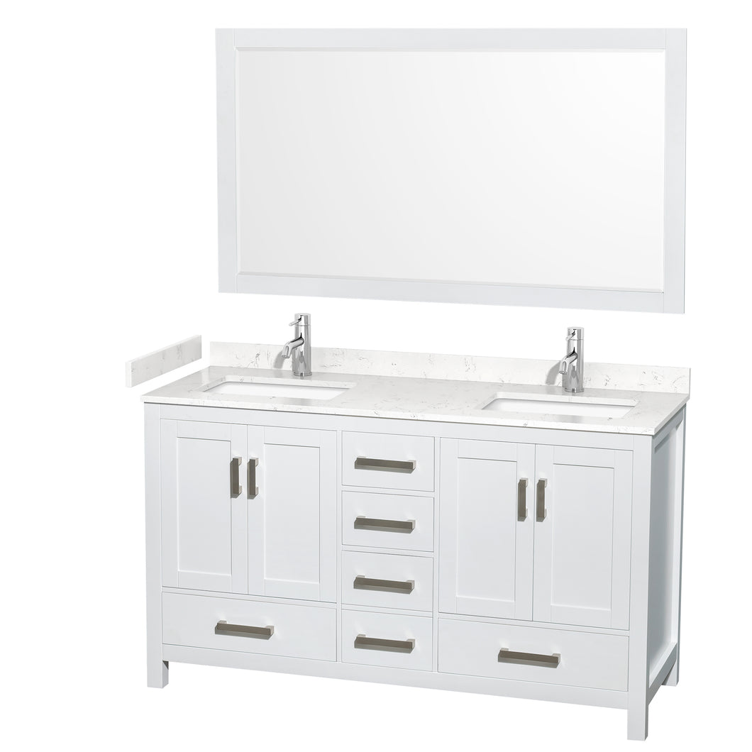 Wyndham Sheffield 60 Inch Double Bathroom Vanity in White, Carrara Cultured Marble Countertop, Undermount Square Sinks, 58 Inch Mirror- Wyndham