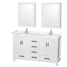 Load image into Gallery viewer, Wyndham Sheffield 60 Inch Double Bathroom Vanity in White, Carrara Cultured Marble Countertop, Undermount Square Sinks, Medicine Cabinets- Wyndham