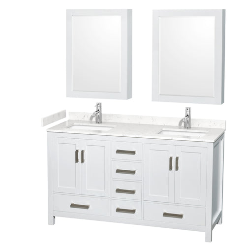 Wyndham Sheffield 60 Inch Double Bathroom Vanity in White, Carrara Cultured Marble Countertop, Undermount Square Sinks, Medicine Cabinets- Wyndham