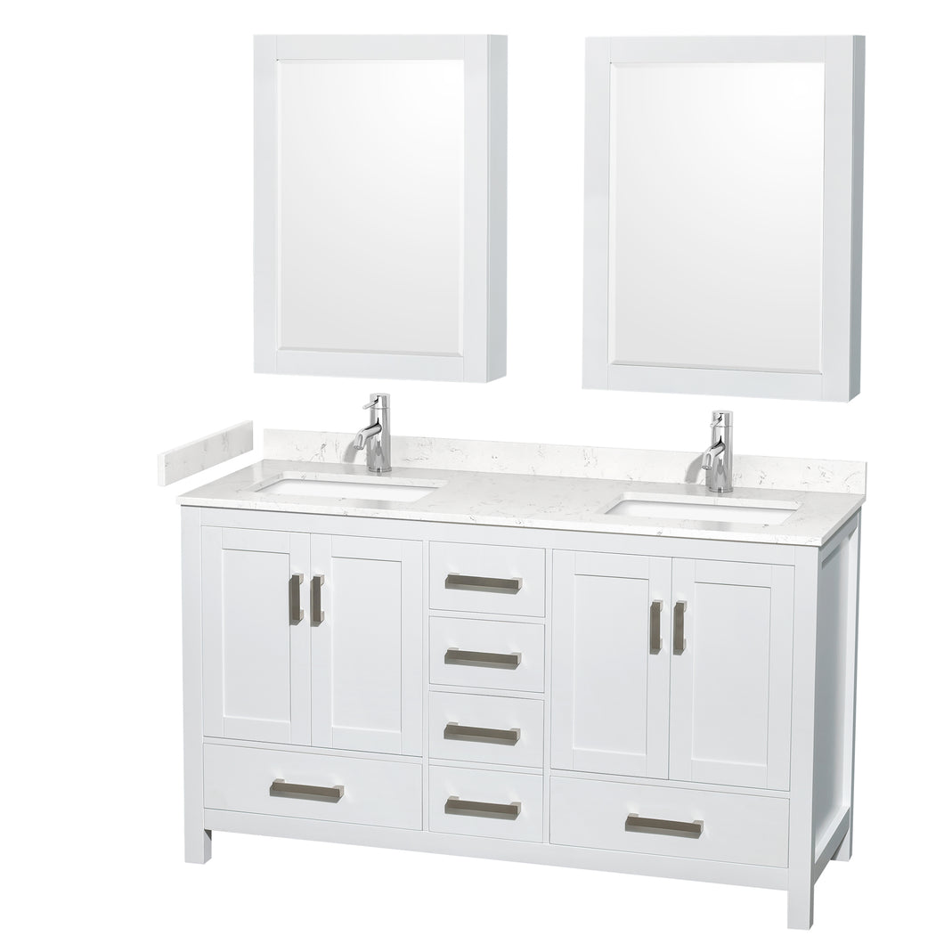 Wyndham Sheffield 60 Inch Double Bathroom Vanity in White, Carrara Cultured Marble Countertop, Undermount Square Sinks, Medicine Cabinets- Wyndham