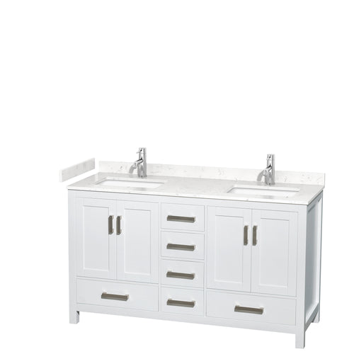 Wyndham Sheffield 60 Inch Double Bathroom Vanity in White, Carrara Cultured Marble Countertop, Undermount Square Sinks, No Mirror- Wyndham