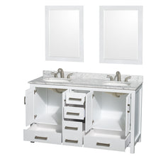 Load image into Gallery viewer, Wyndham Sheffield 60 Inch Double Bathroom Vanity in White, White Carrara Marble Countertop, Undermount Oval Sinks, and 24 Inch Mirrors- Wyndham