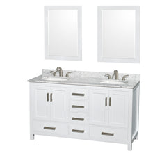 Load image into Gallery viewer, Wyndham Sheffield 60 Inch Double Bathroom Vanity in White, White Carrara Marble Countertop, Undermount Oval Sinks, and 24 Inch Mirrors- Wyndham