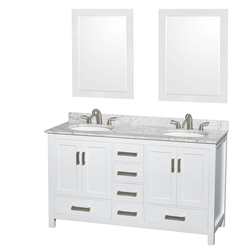 Wyndham Sheffield 60 Inch Double Bathroom Vanity in White, White Carrara Marble Countertop, Undermount Oval Sinks, and 24 Inch Mirrors- Wyndham