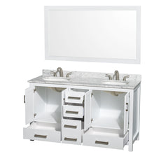 Load image into Gallery viewer, Wyndham Sheffield 60 Inch Double Bathroom Vanity in White, White Carrara Marble Countertop, Undermount Oval Sinks, and 58 Inch Mirror- Wyndham