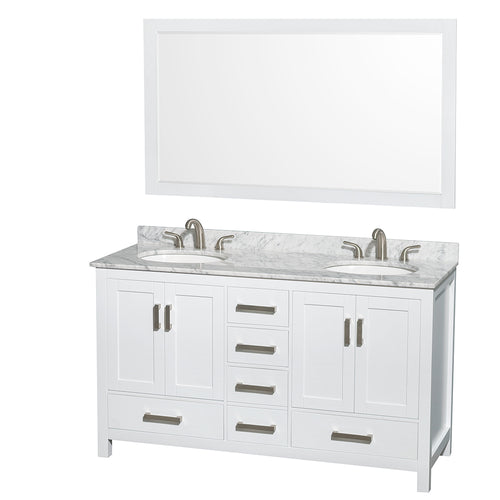 Wyndham Sheffield 60 Inch Double Bathroom Vanity in White, White Carrara Marble Countertop, Undermount Oval Sinks, and 58 Inch Mirror- Wyndham