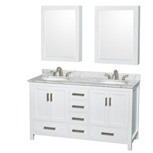 Load image into Gallery viewer, Wyndham Sheffield 60 Inch Double Bathroom Vanity in White, White Carrara Marble Countertop, Undermount Oval Sinks, and Medicine Cabinets- Wyndham