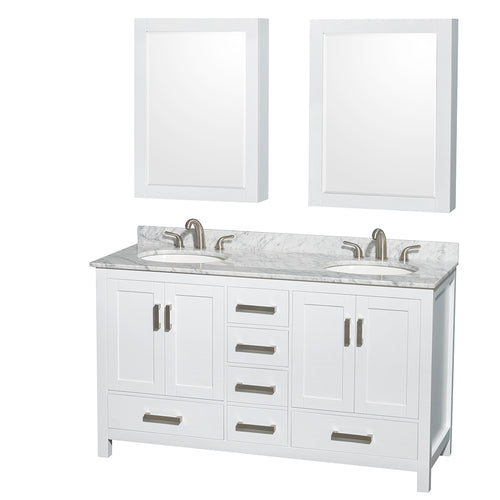 Wyndham Sheffield 60 Inch Double Bathroom Vanity in White, White Carrara Marble Countertop, Undermount Oval Sinks, and Medicine Cabinets- Wyndham