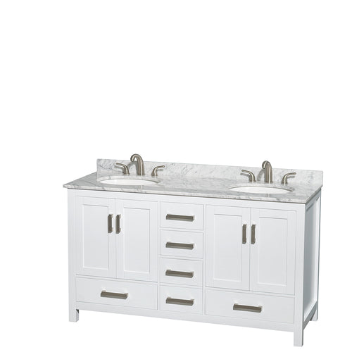 Wyndham Sheffield 60 Inch Double Bathroom Vanity in White, White Carrara Marble Countertop, Undermount Oval Sinks, and No Mirror- Wyndham