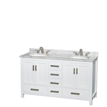 Load image into Gallery viewer, Wyndham Sheffield 60 Inch Double Bathroom Vanity in White, White Carrara Marble Countertop, Undermount Oval Sinks, and 24 Inch Mirrors- Wyndham