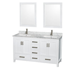 Load image into Gallery viewer, Wyndham Sheffield 60 Inch Double Bathroom Vanity in White, White Carrara Marble Countertop, Undermount Square Sinks, and 24 Inch Mirrors- Wyndham
