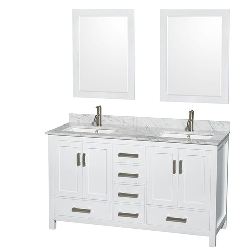 Wyndham Sheffield 60 Inch Double Bathroom Vanity in White, White Carrara Marble Countertop, Undermount Square Sinks, and 24 Inch Mirrors- Wyndham