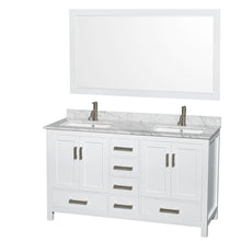 Load image into Gallery viewer, Wyndham Sheffield 60 Inch Double Bathroom Vanity in White, White Carrara Marble Countertop, Undermount Square Sinks, and 58 Inch Mirror- Wyndham