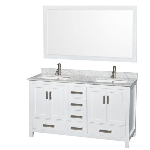 Wyndham Sheffield 60 Inch Double Bathroom Vanity in White, White Carrara Marble Countertop, Undermount Square Sinks, and 58 Inch Mirror- Wyndham