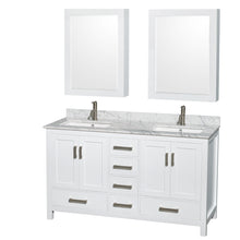 Load image into Gallery viewer, Wyndham Sheffield 60 Inch Double Bathroom Vanity in White, White Carrara Marble Countertop, Undermount Square Sinks, and Medicine Cabinets- Wyndham